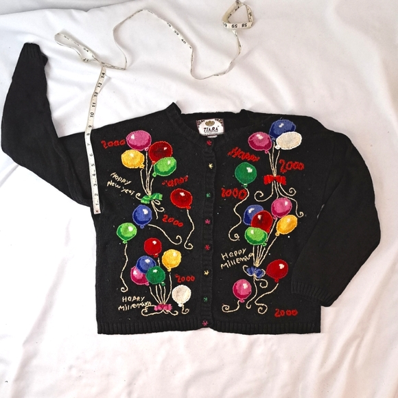 TIARA INTERNATIONAL Vintage 1999 Happy New Year 2000 Millennium Cardigan Sweater - Picture 11 of 14